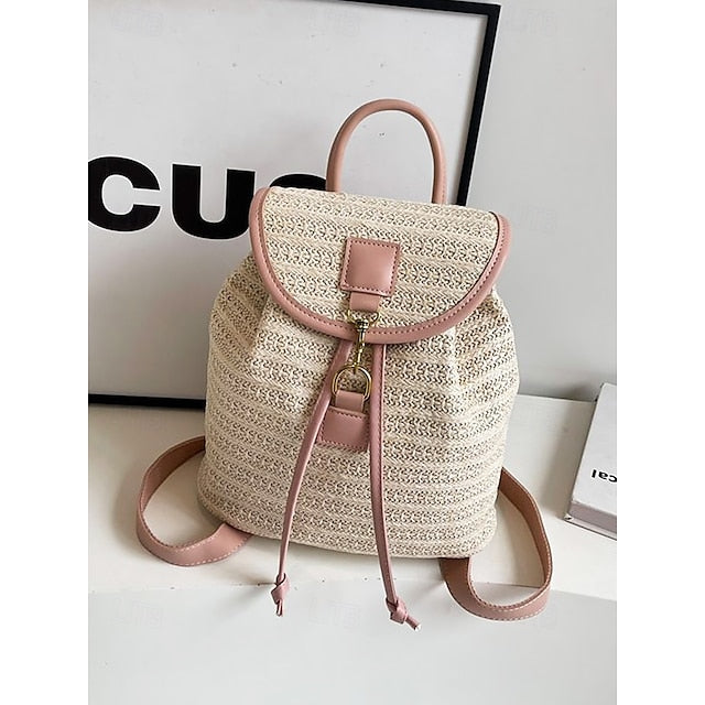 Straw Rattan with Bag Woven Boho for Backpack Travel