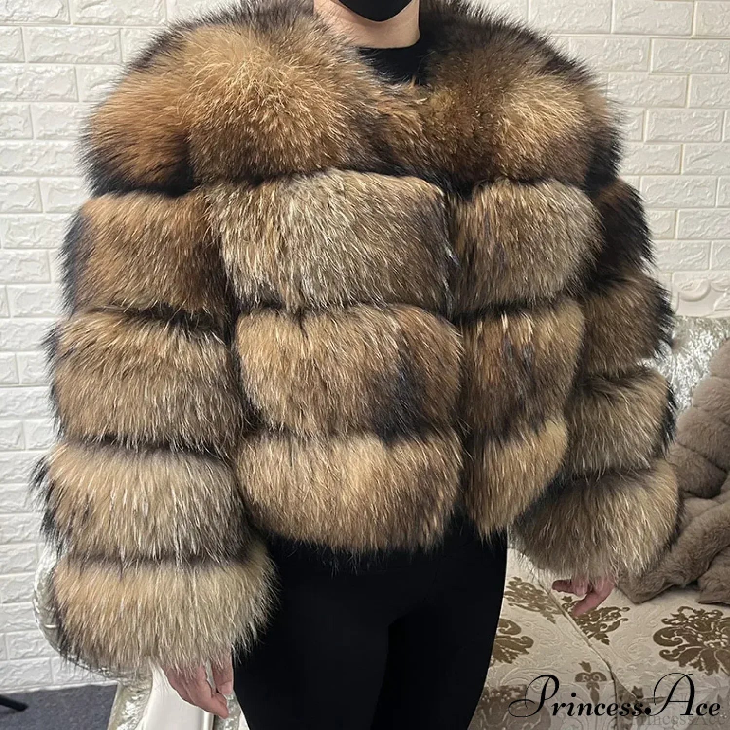 Raccoon Fur Thick Luxury Winter Coat Brown / S