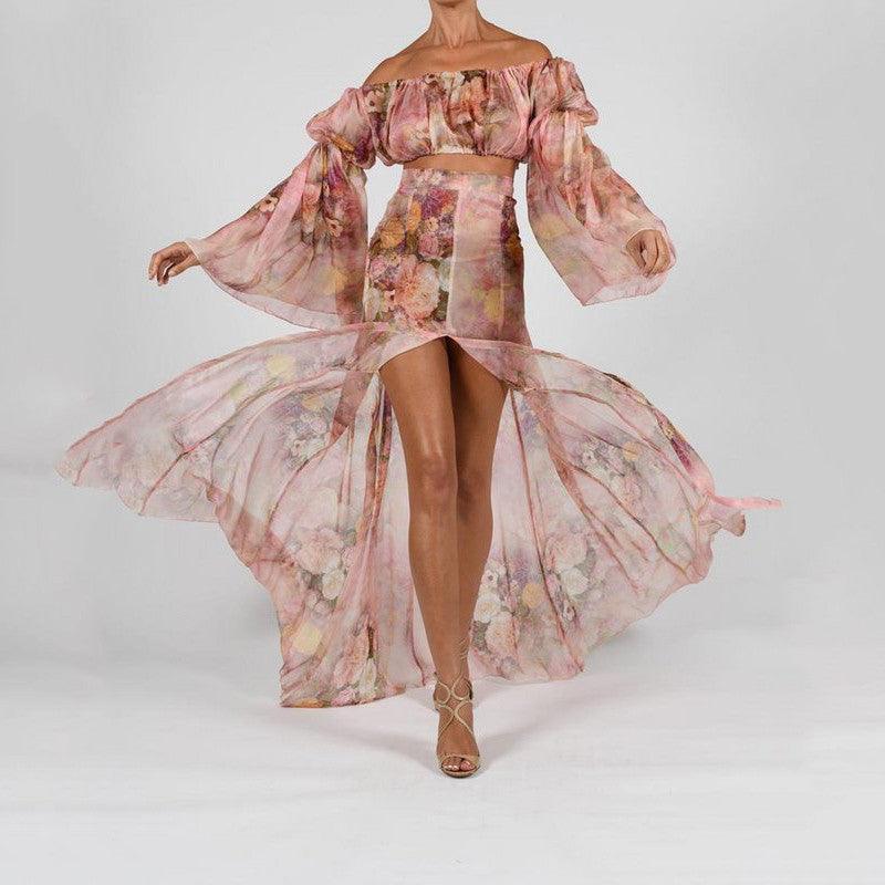 KittenAlarm - Raelynn Floral Off Shoulder Layered Sleeve & Slit Hem Skirt Set
