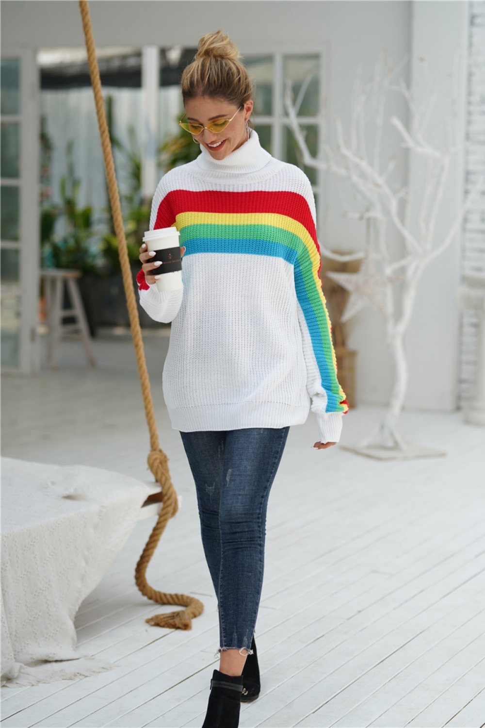 RadyRin Rainbow Round Neck Loose Sweater for Effortless Style
