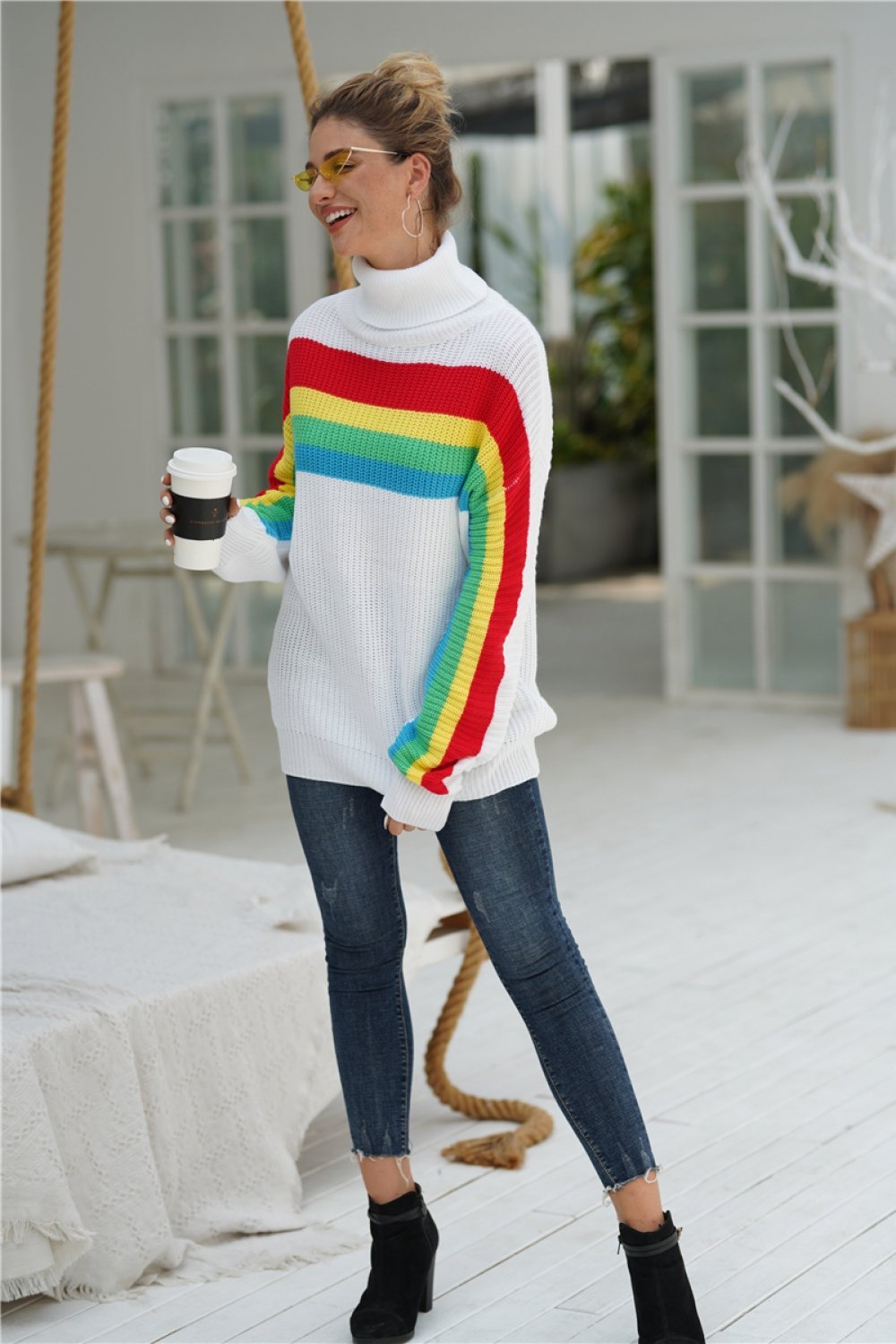 RadyRin Rainbow Round Neck Loose Sweater for Effortless Style