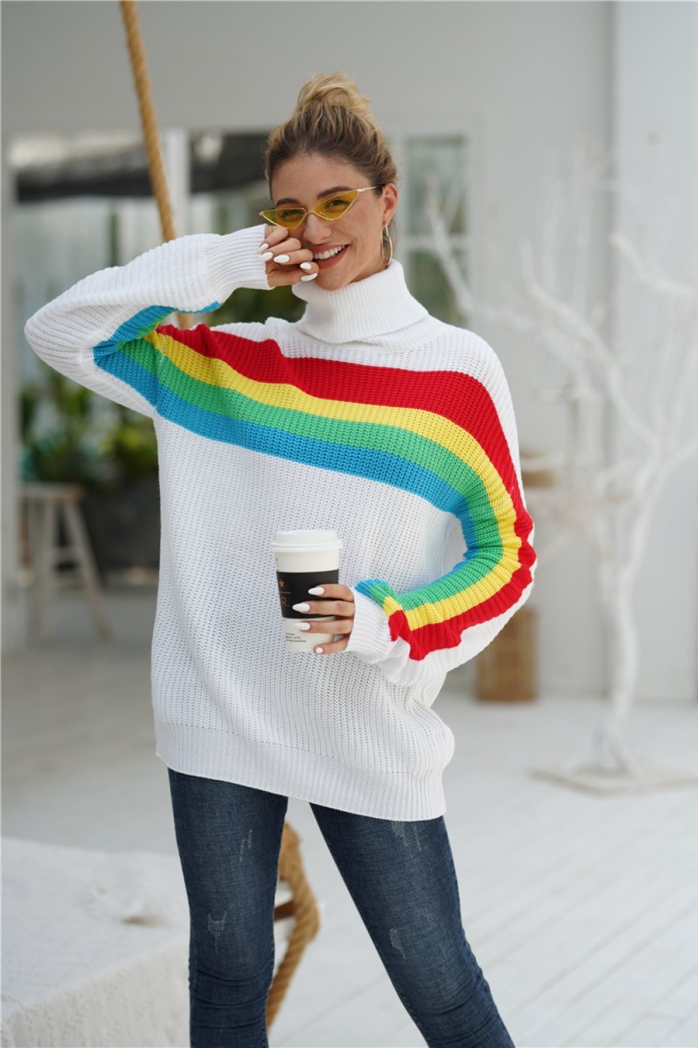 RadyRin Rainbow Round Neck Loose Sweater for Effortless Style