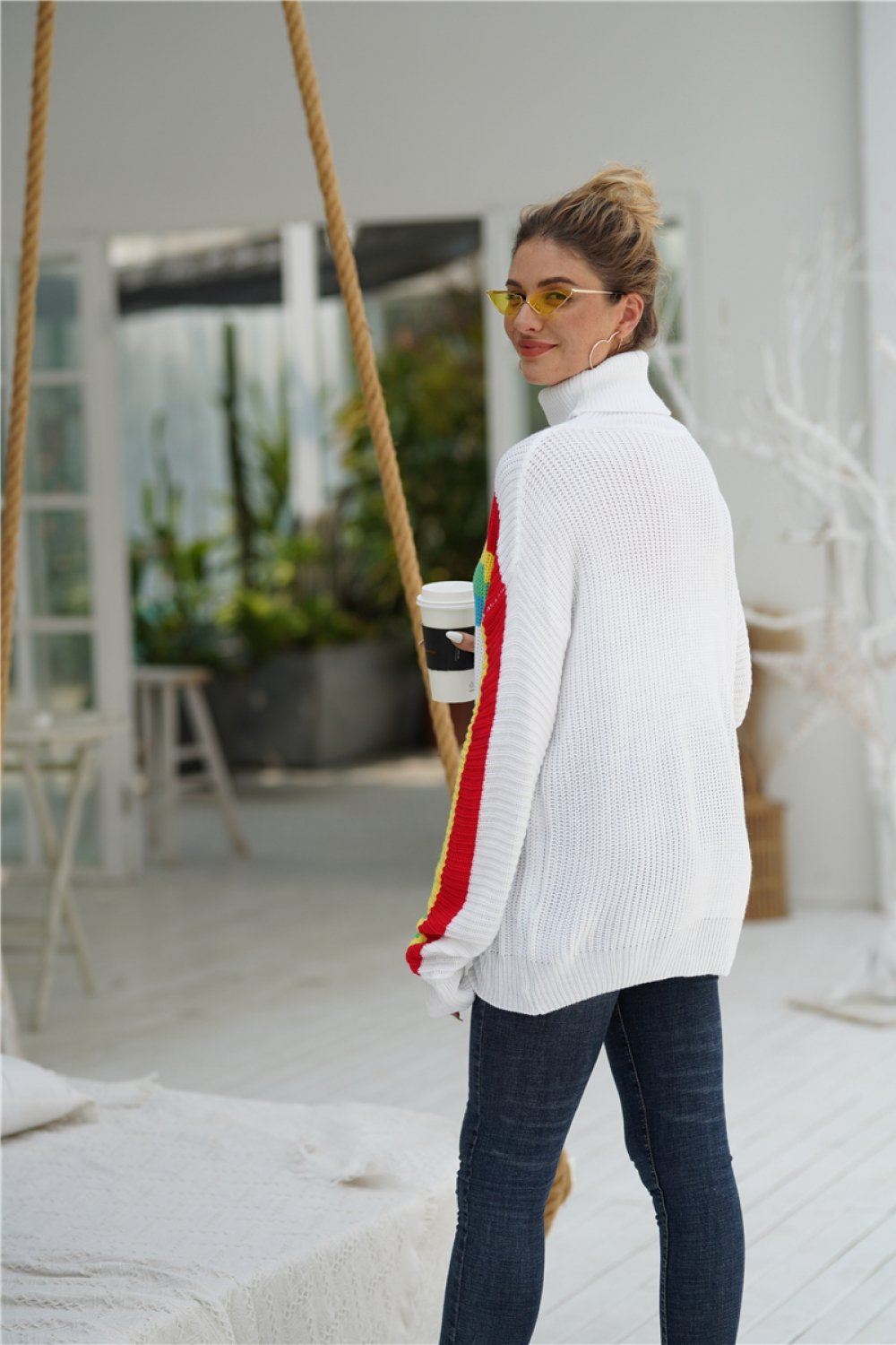RadyRin Rainbow Round Neck Loose Sweater for Effortless Style