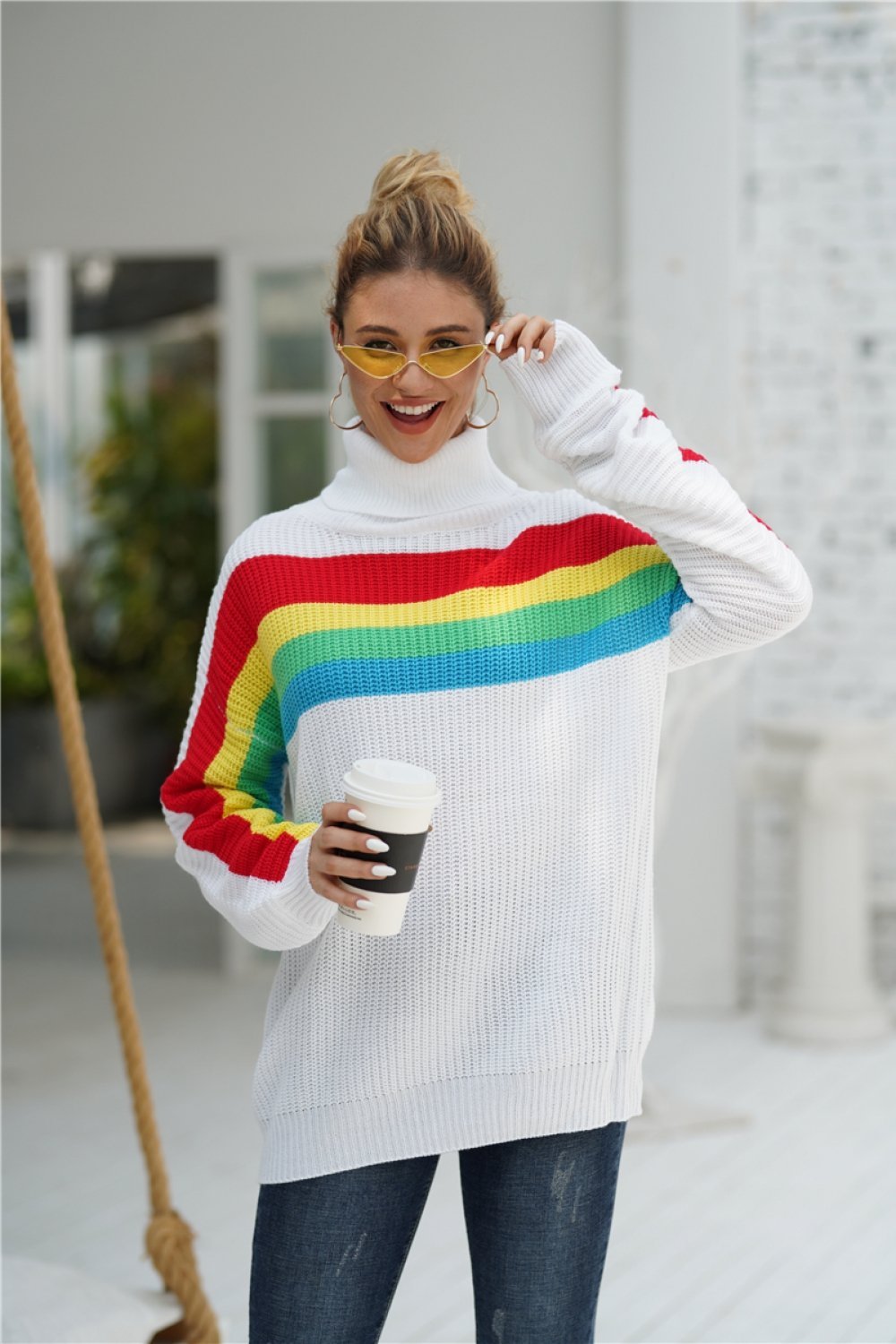RadyRin Rainbow Round Neck Loose Sweater for Effortless Style