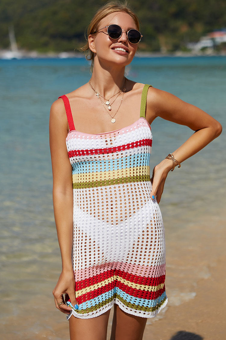 Rainbow Striped Open Knit Crochet Beach Vacation Mini Sundress - Multicolor  Fashionpara
