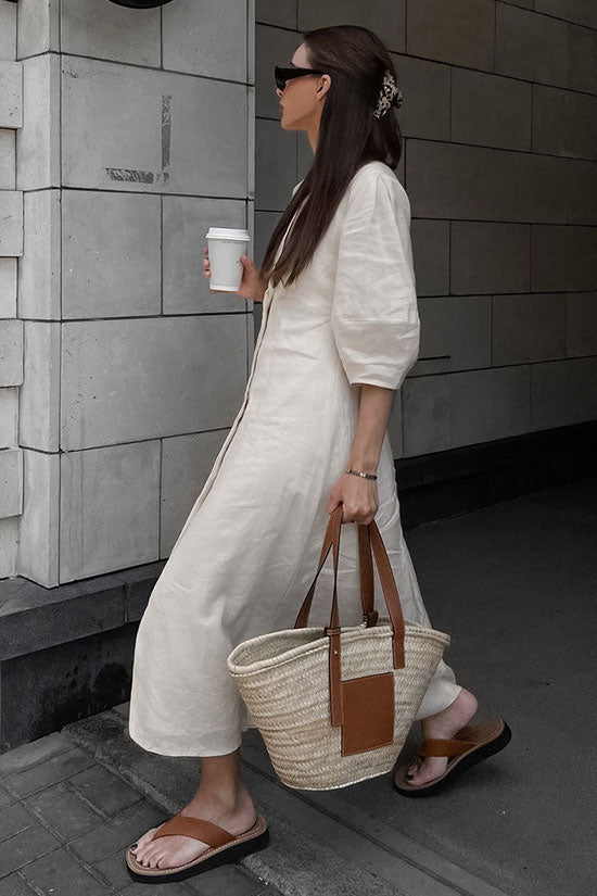 Ralaxed V Neck Button Up Puff Sleeve Linen Blend Midi Dress - Off White Fashionpara