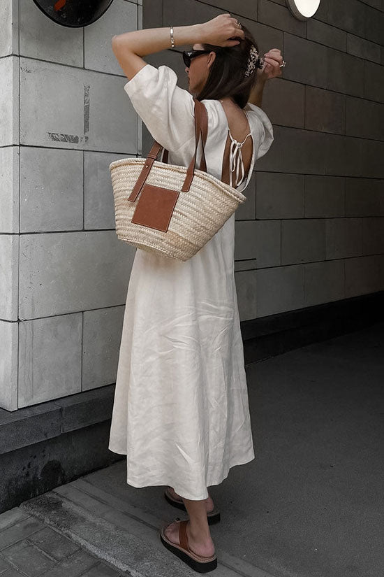 Ralaxed V Neck Button Up Puff Sleeve Linen Blend Midi Dress - Off White Fashionpara