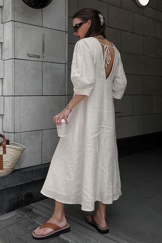 Ralaxed V Neck Button Up Puff Sleeve Linen Blend Midi Dress - Off White Fashionpara