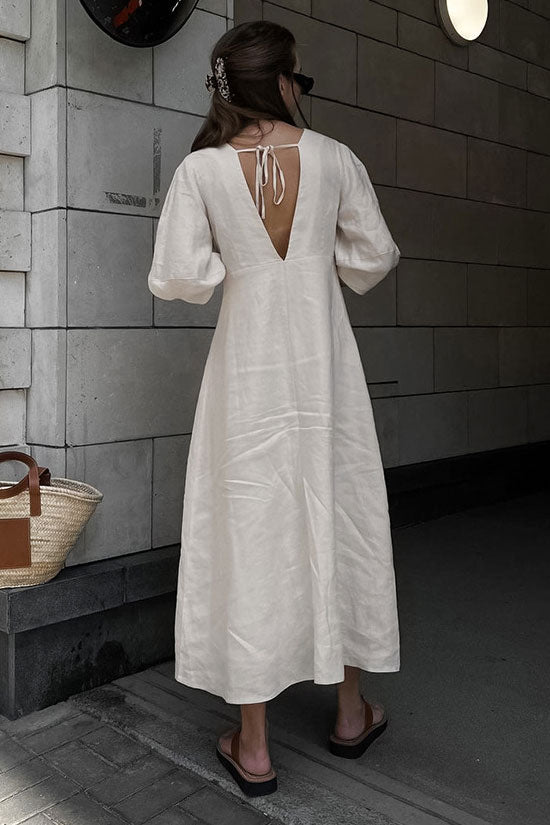 Ralaxed V Neck Button Up Puff Sleeve Linen Blend Midi Dress - Off White Fashionpara