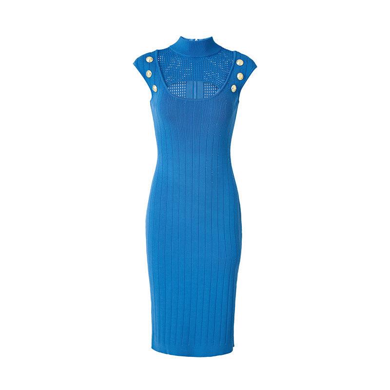 Ribbed Knit High Neck Cut Out Bodycon Midi Dress