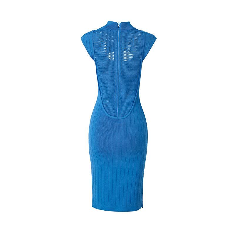 Ribbed Knit High Neck Cut Out Bodycon Midi Dress
