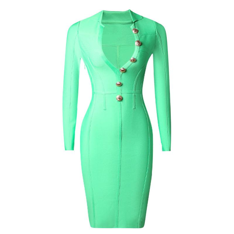 Collared Long Sleeve Button-Front Bodycon Midi Dress