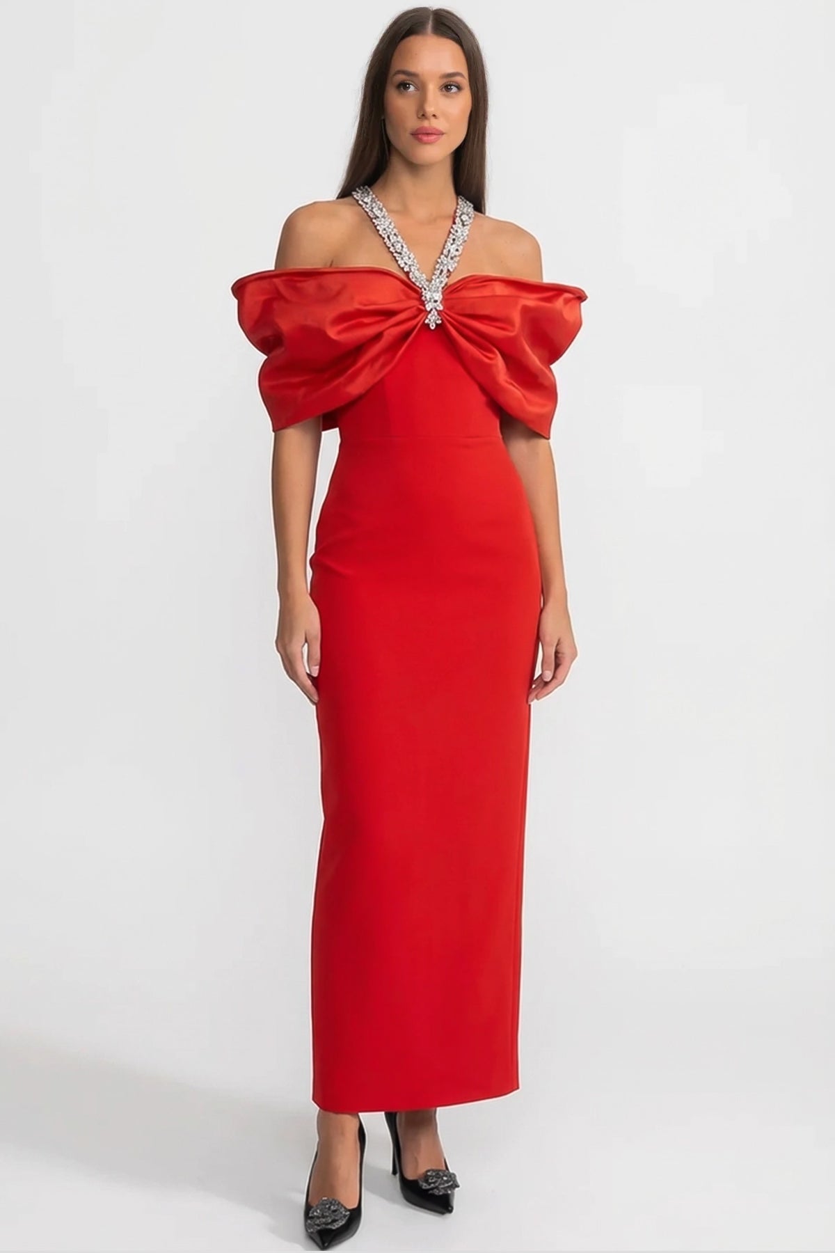 Crystal Strap Off Shoulder Oversized Bow Column Maxi Gown