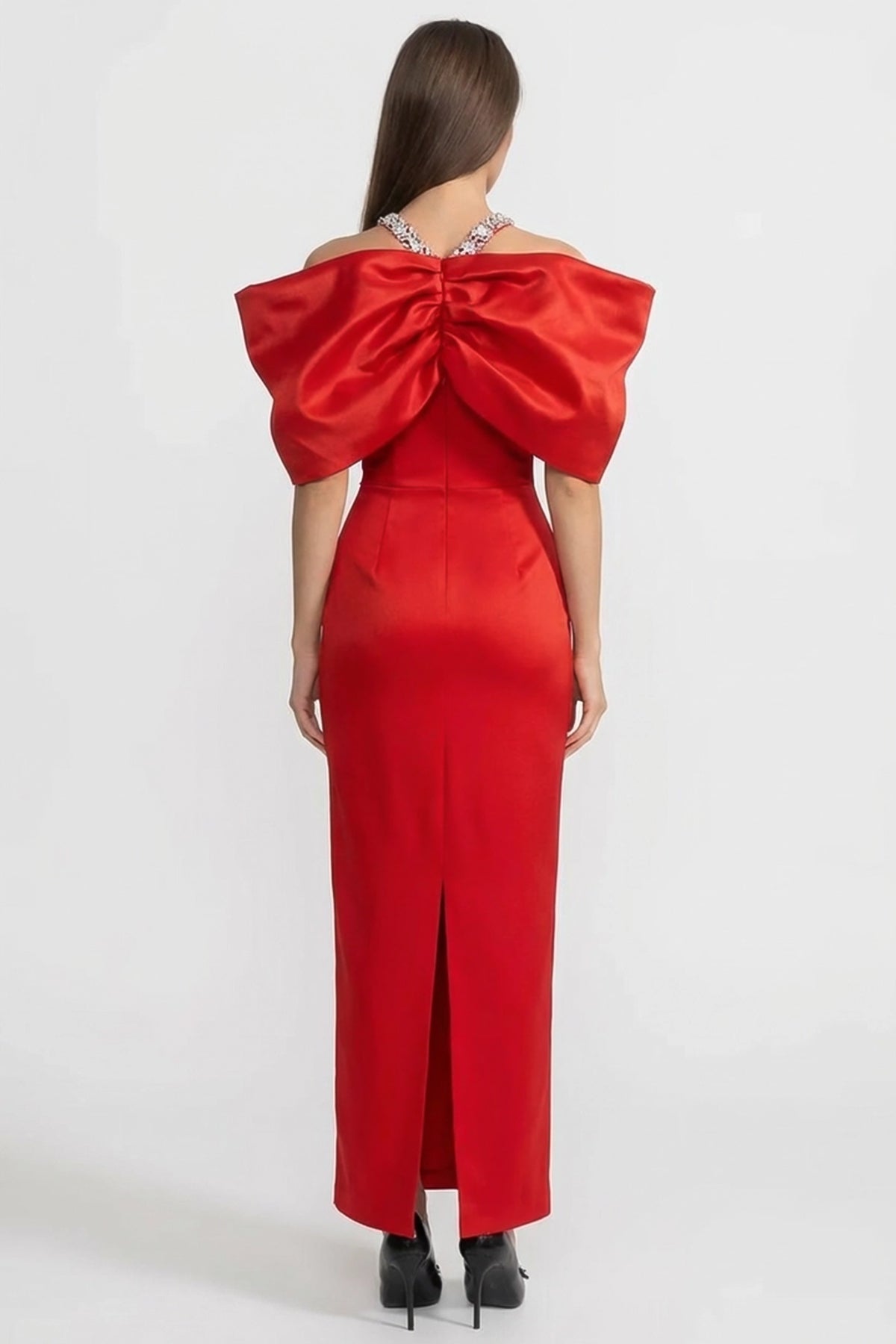 Crystal Strap Off Shoulder Oversized Bow Column Maxi Gown - View 3
