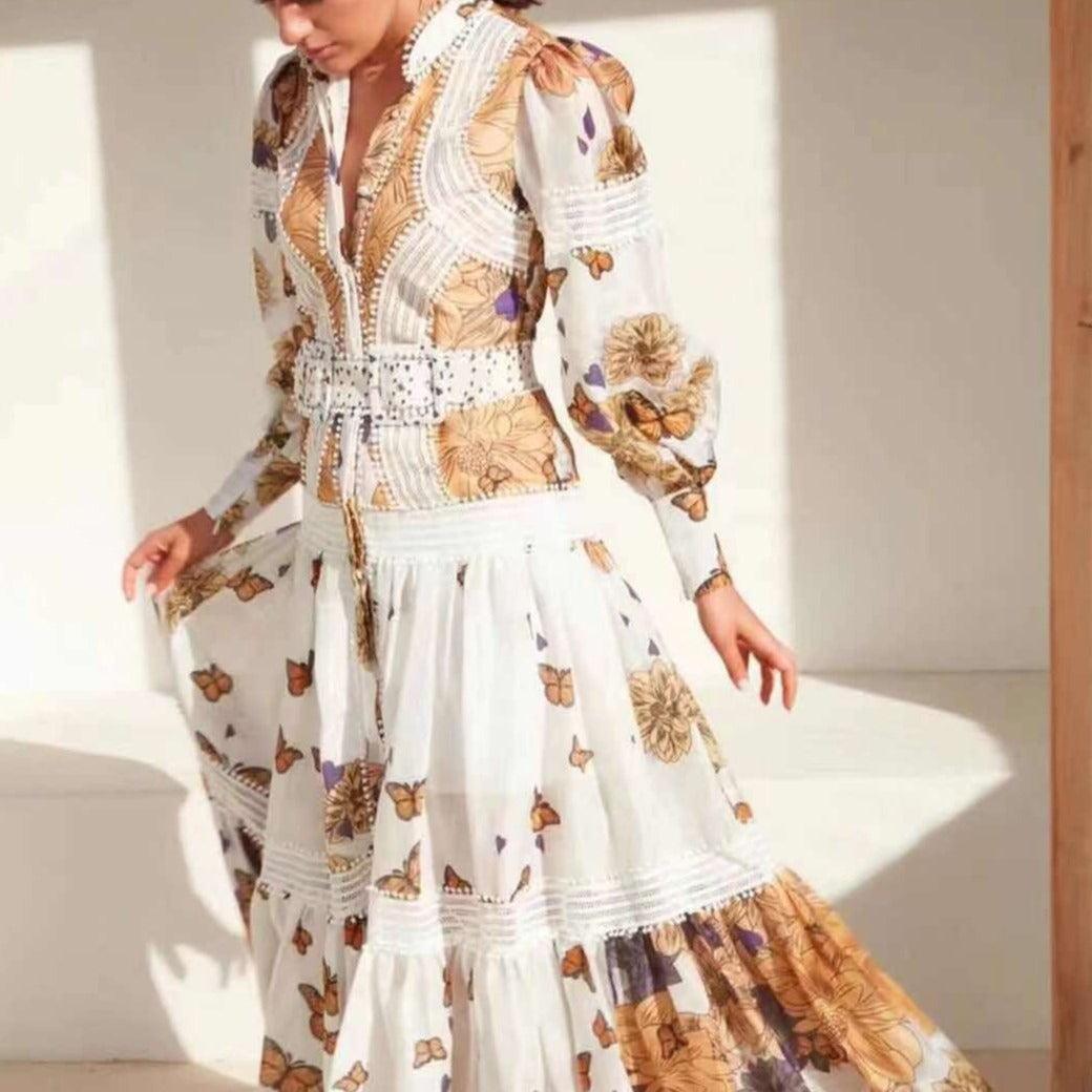 KittenAlarm - Reagan Floral Trim Belted Maxi Dress