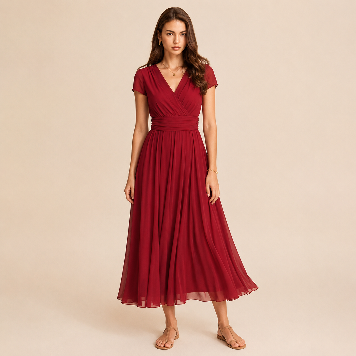 V-Neck Cap Sleeve Ruched Waist Chiffon Midi Dress 10