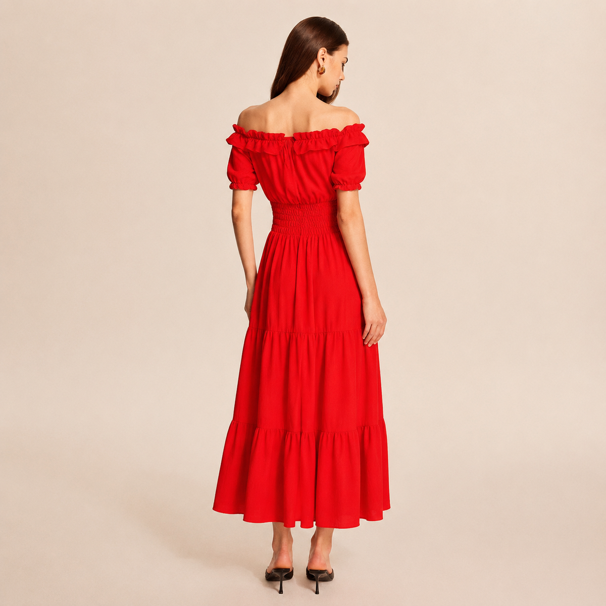 Off Shoulder Ruffle Puff Sleeve Tiered Maxi Dress 12