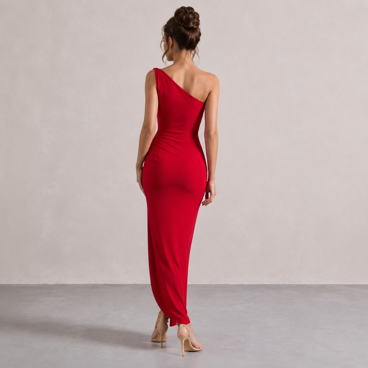 One Shoulder Ruched High Split Bodycon Midi Dress 9
