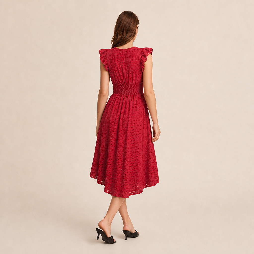 Broderie V-Neck Flutter Sleeve Shirred Waist A-Line Midi Dress 15