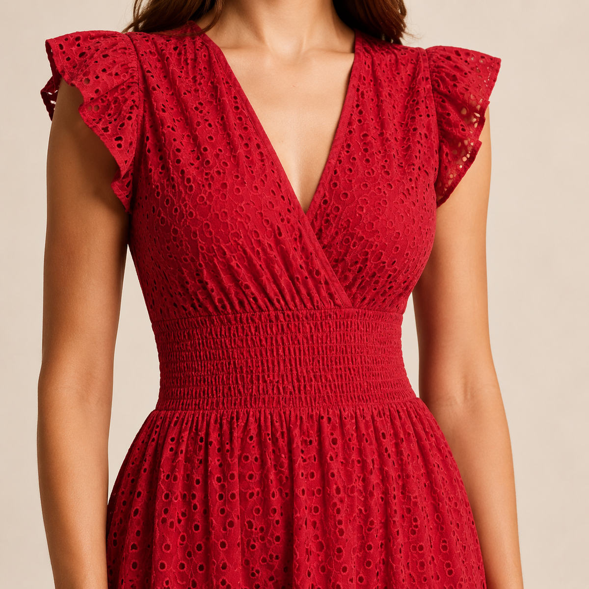 Broderie V-Neck Flutter Sleeve Shirred Waist A-Line Midi Dress 14