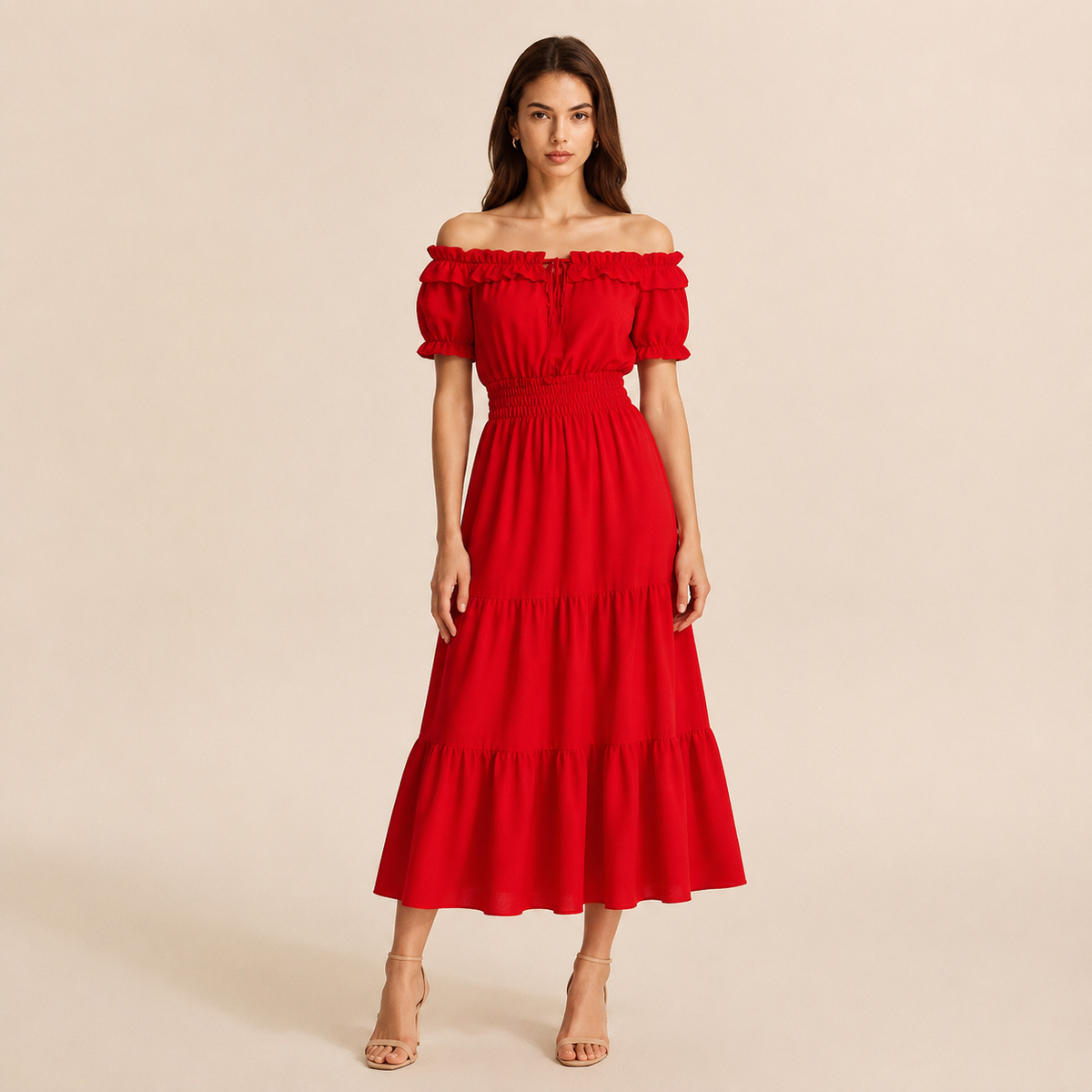 Off Shoulder Ruffle Puff Sleeve Tiered Maxi Dress 10
