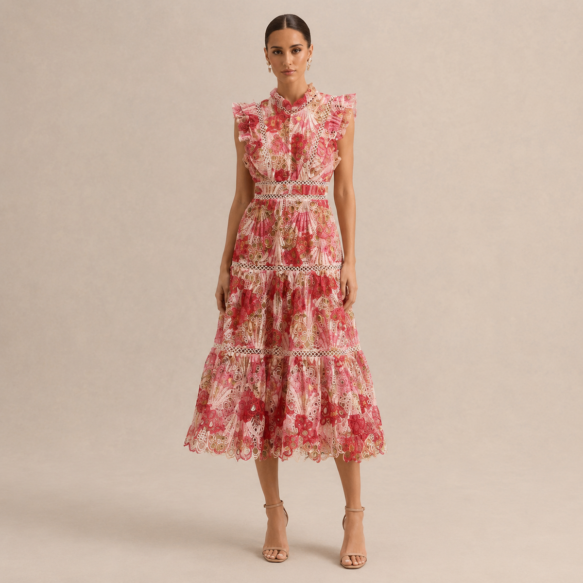 High Neck Floral Lace Tiered Midi Dress