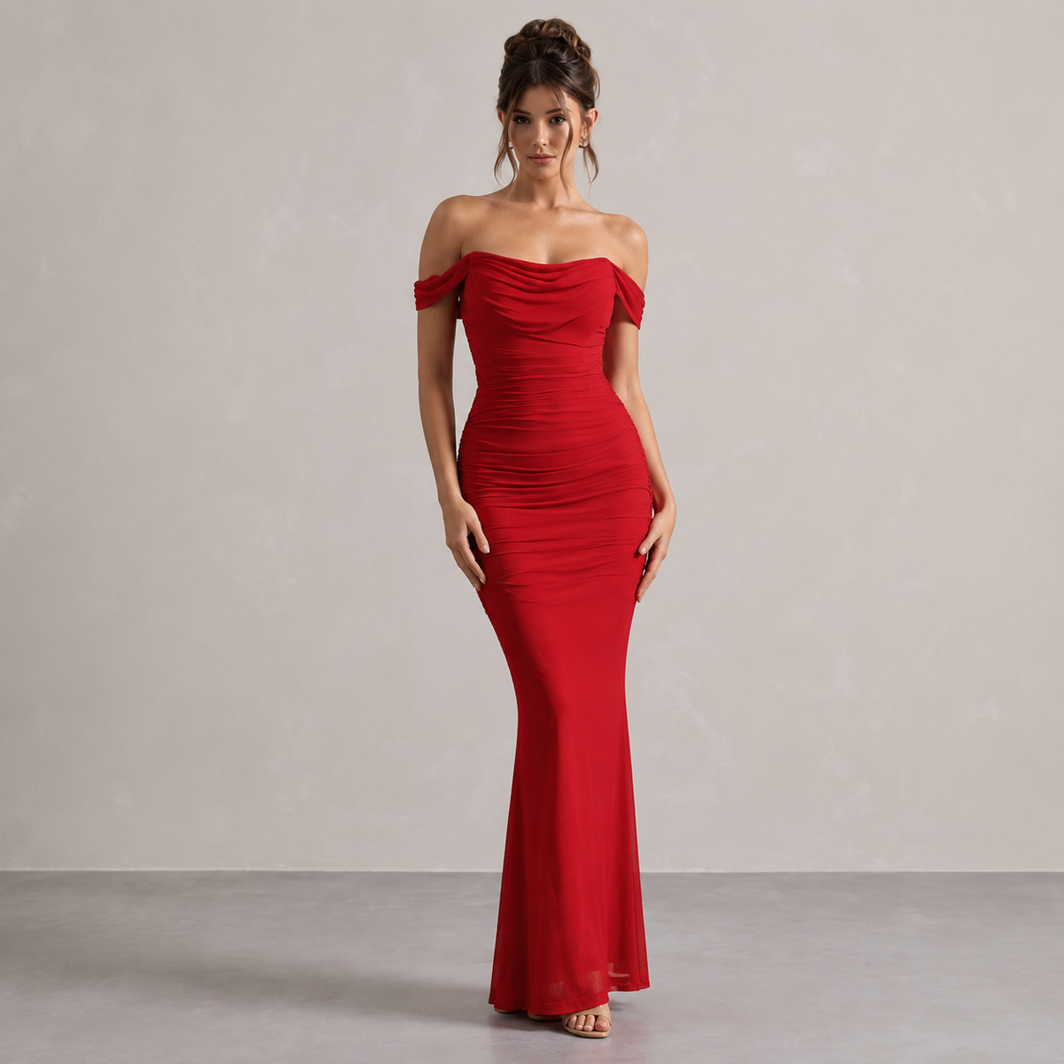 Off Shoulder Ruched Fishtail Maxi Gown 7