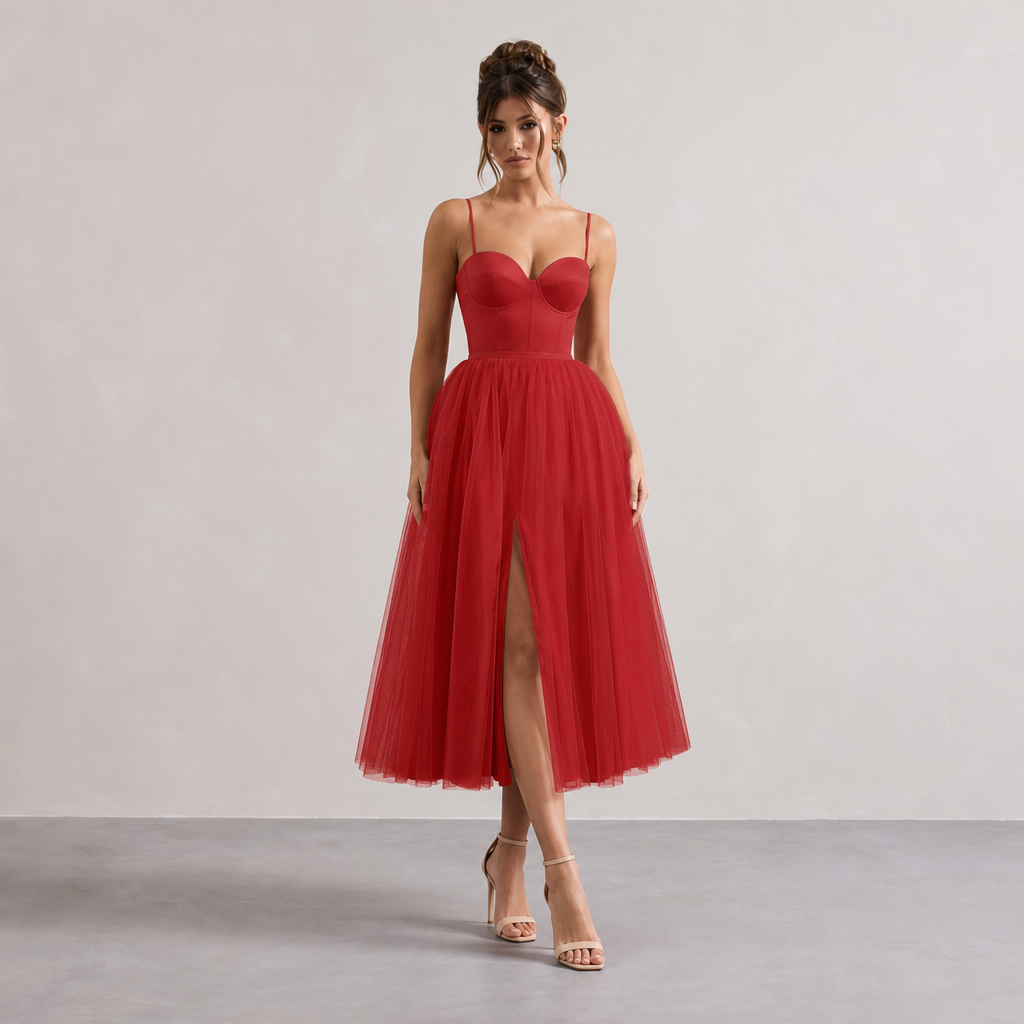 Sweetheart Strappy Corset Split Tulle Midi Dress 7