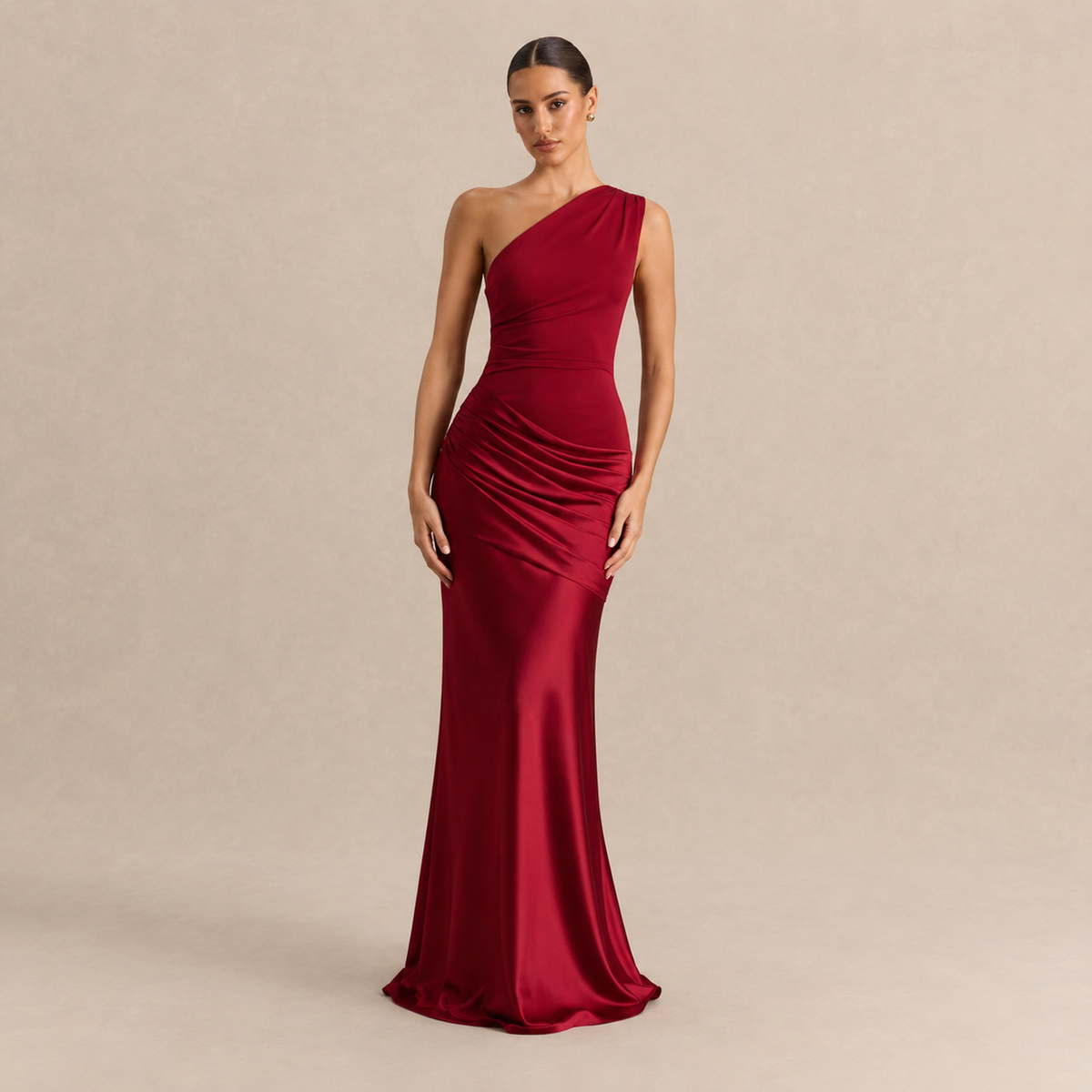 One Shoulder Ruched Satin Fishtail Maxi Gown 10