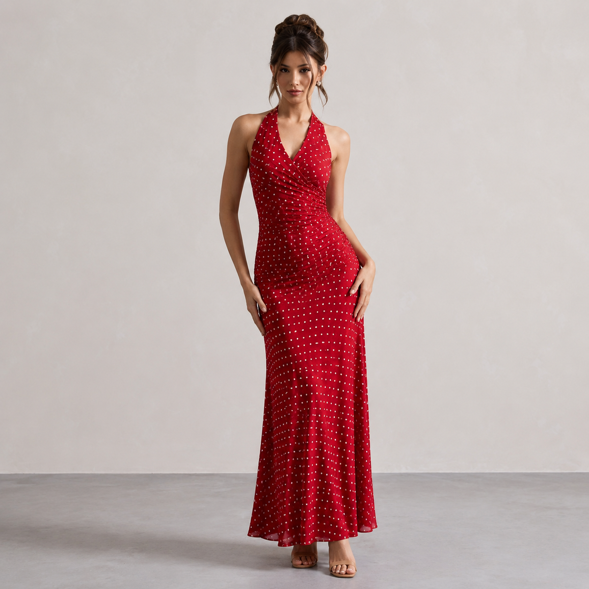 Halter Neck Polka Dot Ruched Bias Cut Maxi Dress