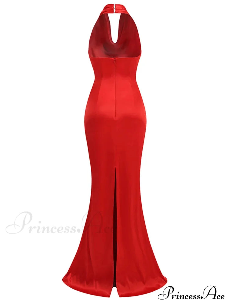 Red Backless Halter V-Neck Maxi Bodycon Christmas Party Dress