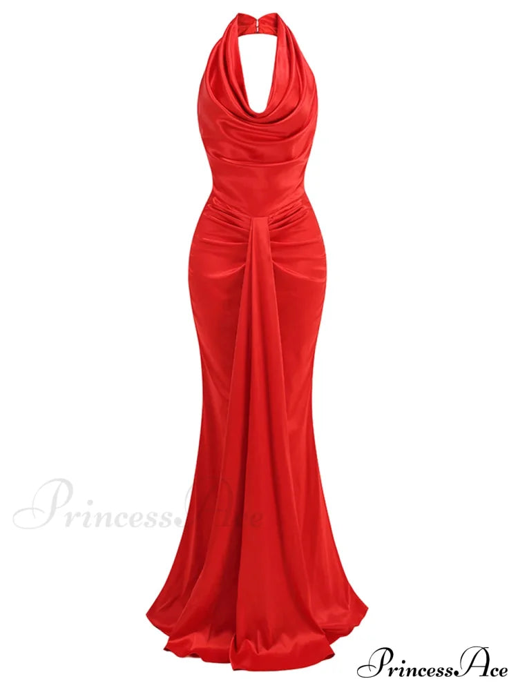 Red Backless Halter V-Neck Maxi Bodycon Christmas Party Dress / S Dresses-L