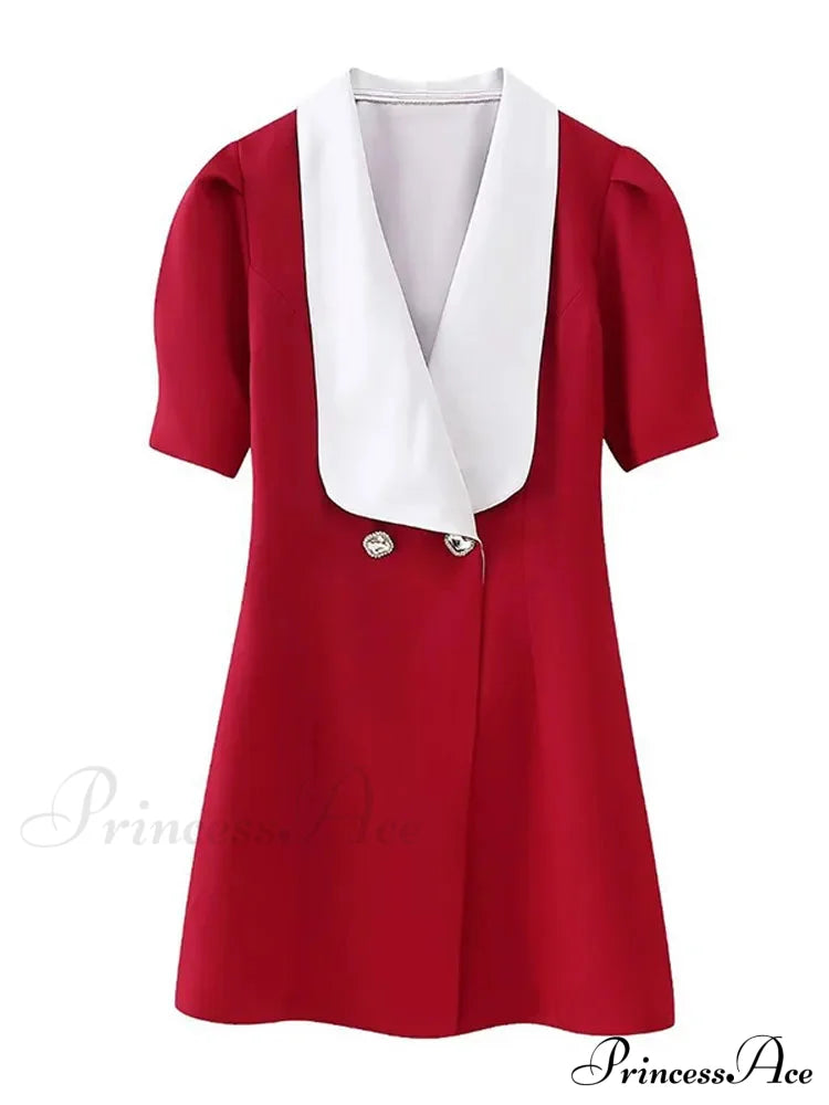 Red Button Mini Dress With V Neck - A-Line Christmas Party Rose Red / Xs Dresses-L