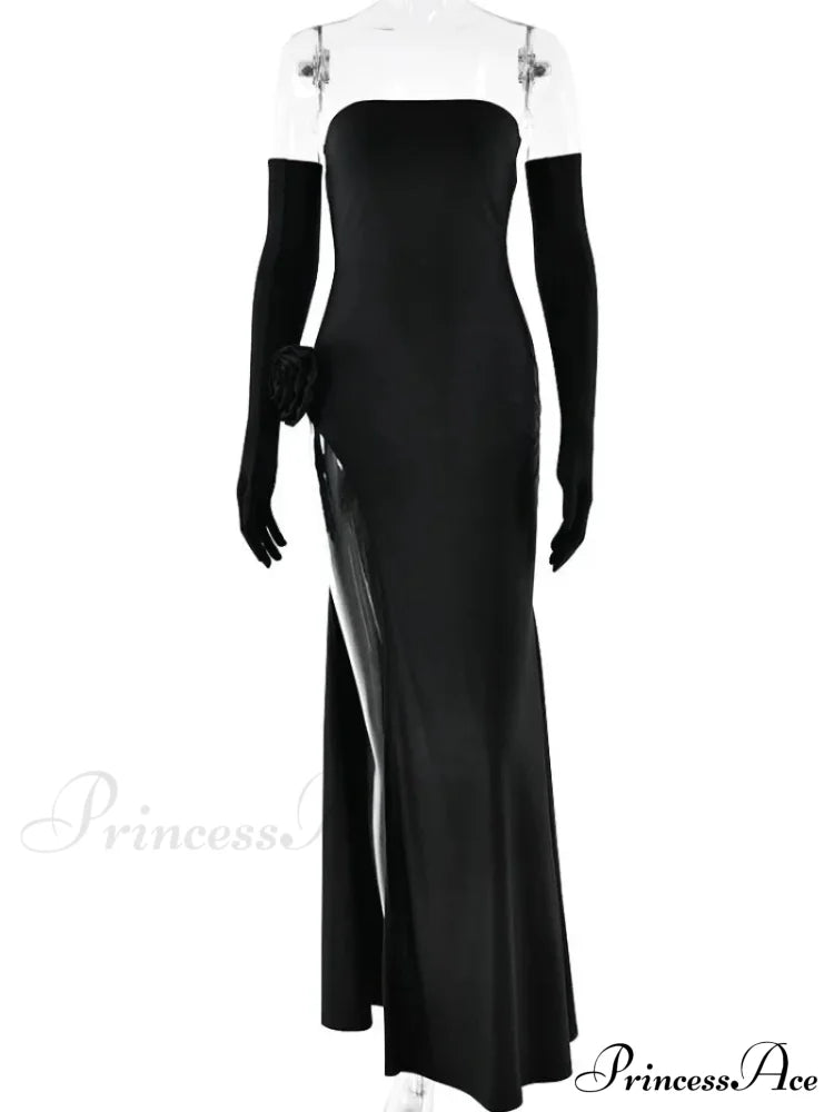 Red Christmas Party Dress - Strapless High Slit Maxi Black / S Dresses-L