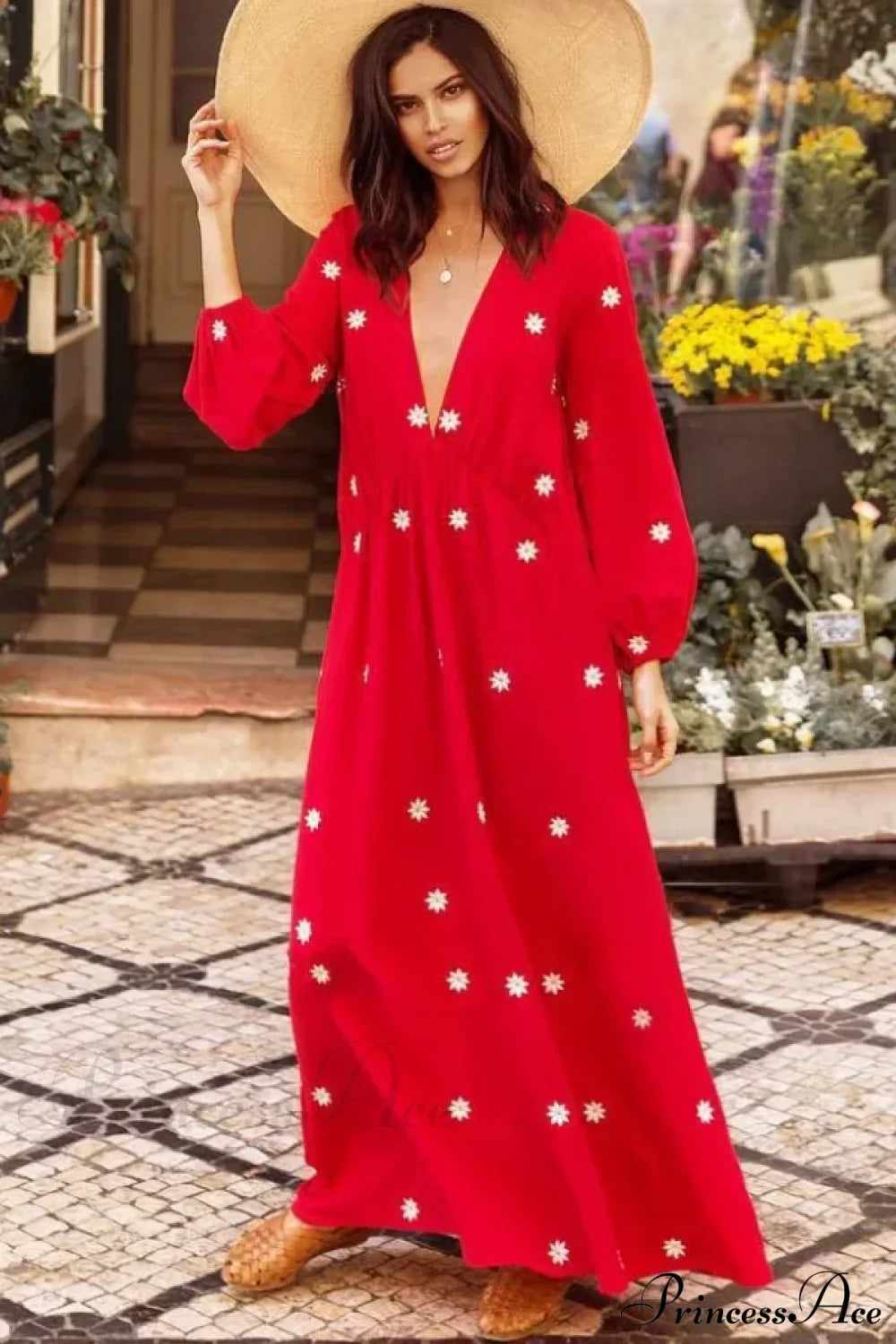 Red Cotton Maxi Dress Red / S bohodress-250126