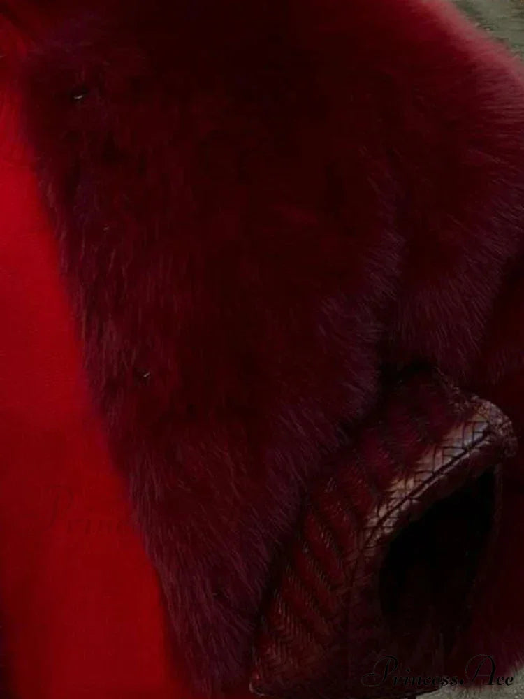 Red Faux Fur O-neck Short Coat