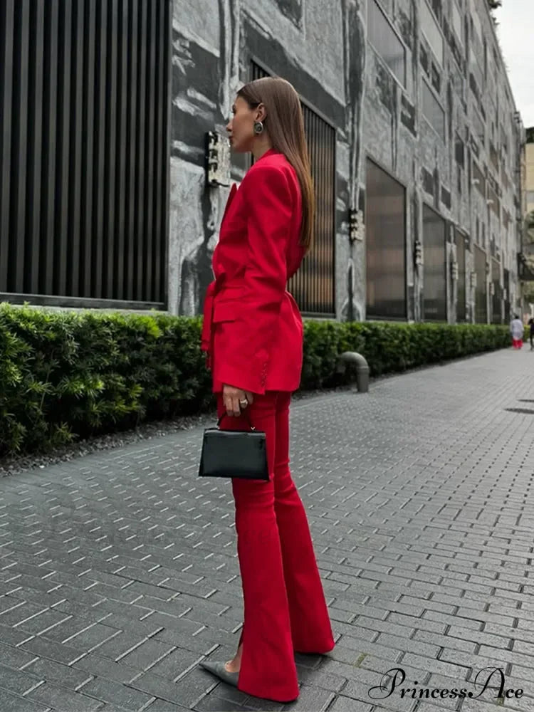 Red Flip Collar Lace-Up Coat