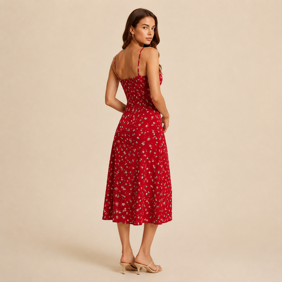 Ditsy Floral Strappy High Split Satin Midi Dress 9