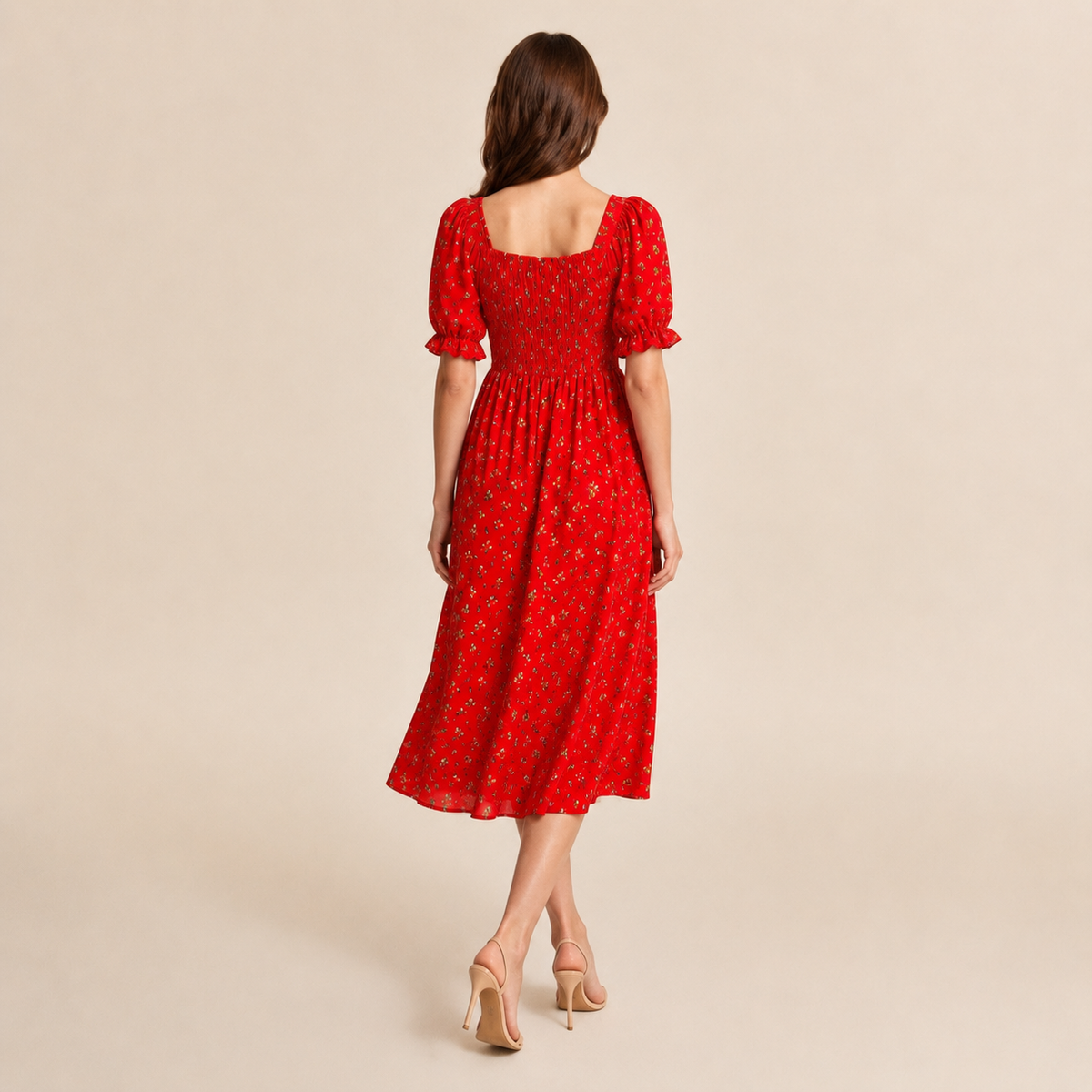 Floral Square Neck Puff Sleeve Smocked High Split Midi Dress 11
