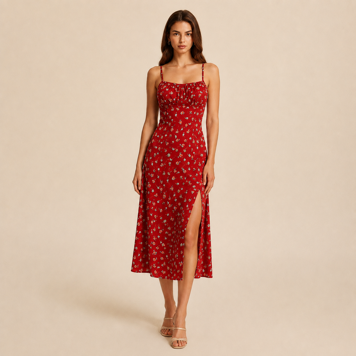 Ditsy Floral Strappy High Split Satin Midi Dress 7