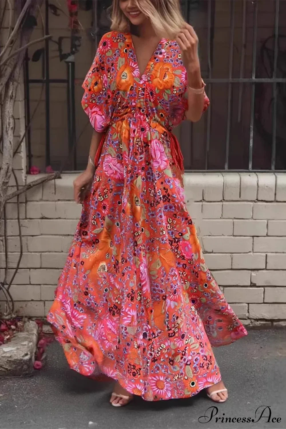 Red Floral Batwing Sleeve Rayon Cotton Maxi Boho Dress Red / S bohodress-250126