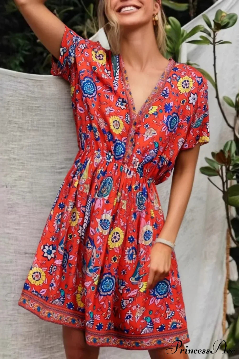 Red Floral Peacock Print V-neck Short Sleeve Casual Mini Boho Dress Red / S bohodress-250126