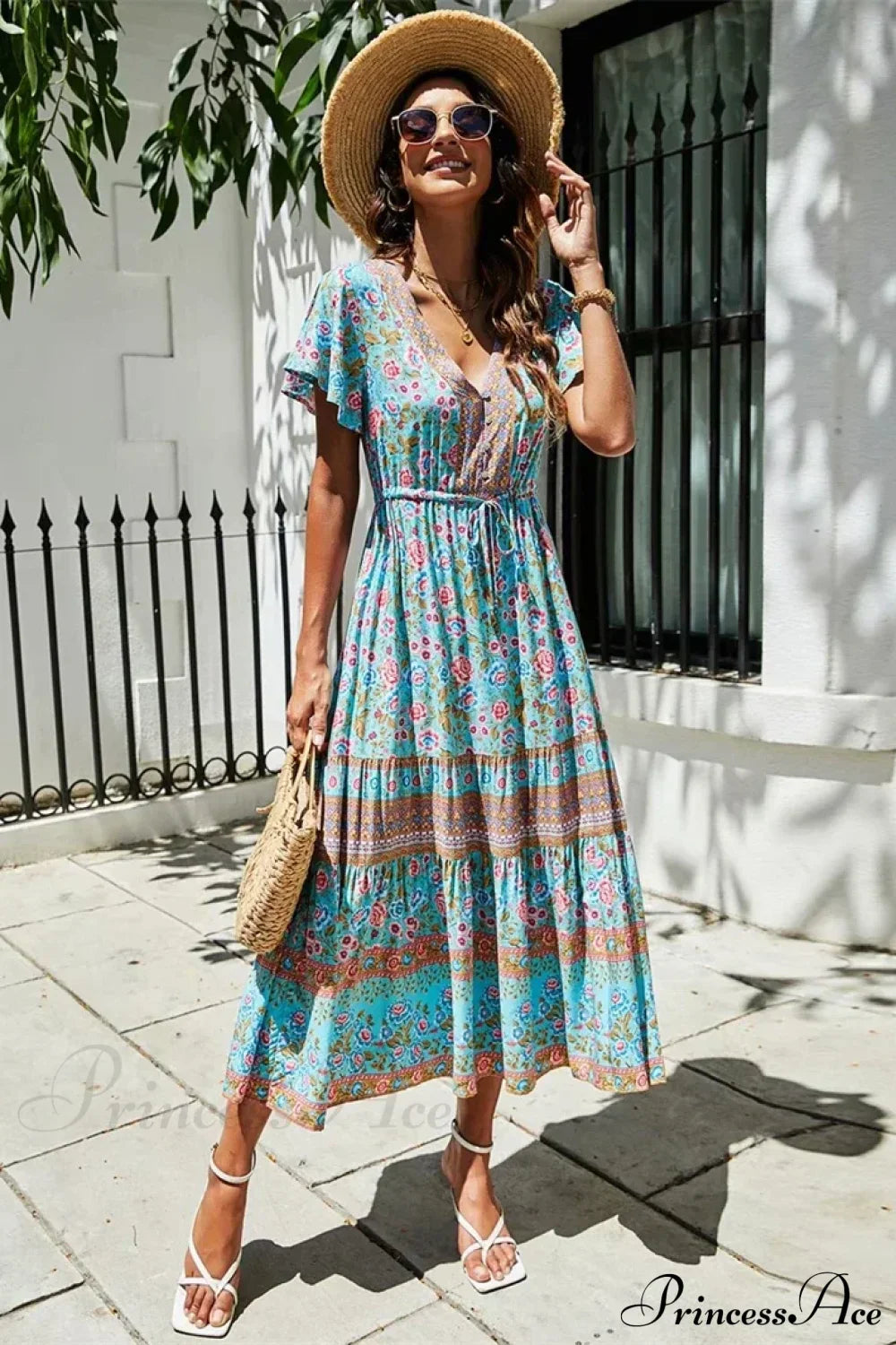 Red Floral Print Bat Sleeve Tassel V-neck Summer Boho Dress light blue / S bohodress-250126