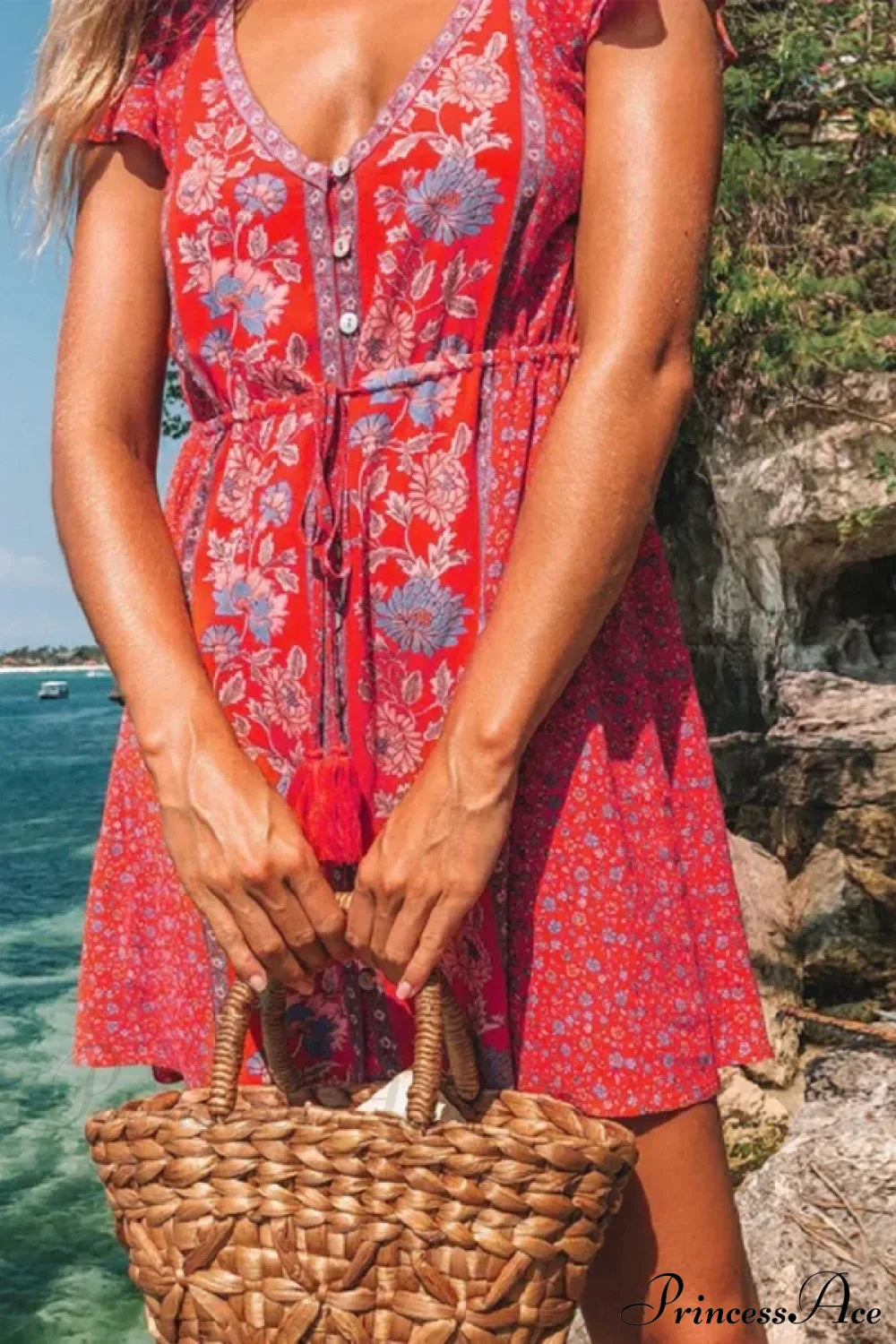 Red Floral Print Boho Mini Dress Red / S bohodress-250126