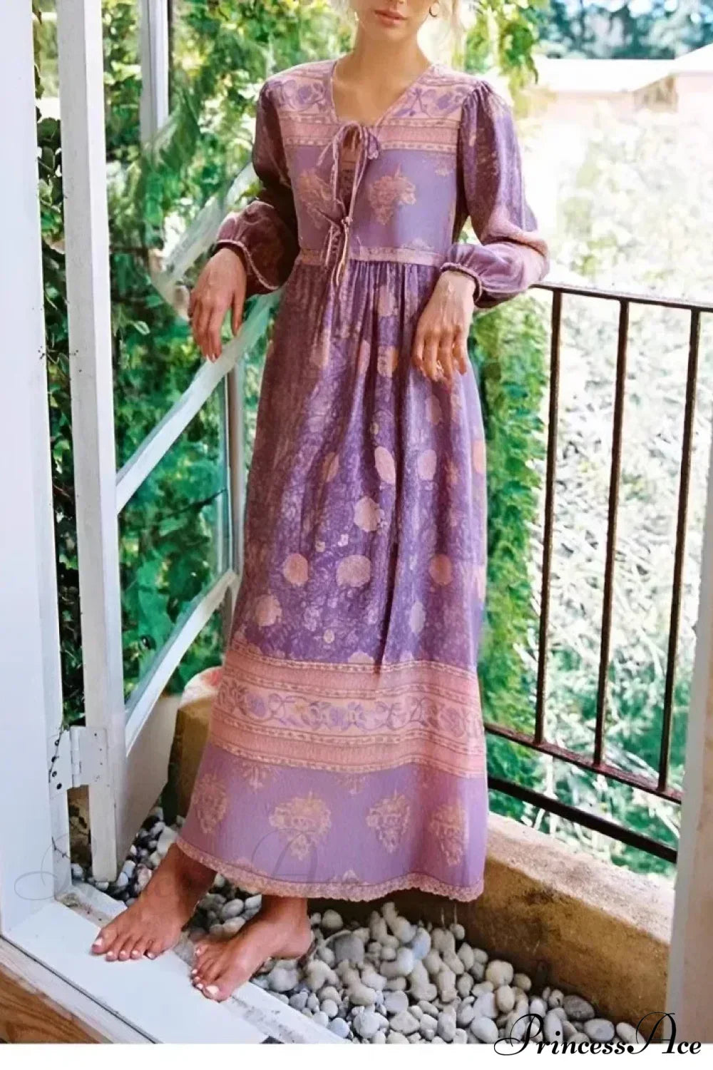 Red Floral Print Sashes Rayon Cotton Pleated Maxi Boho Dress Purple / S bohodress-250126