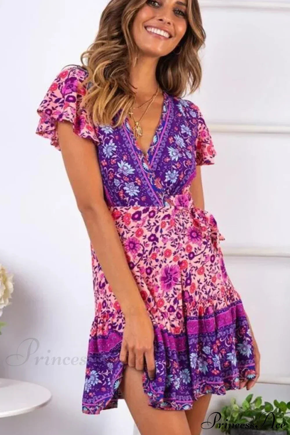 Red Floral Print Short Sleeve Rayon Summer Wrap Mini Boho Dress