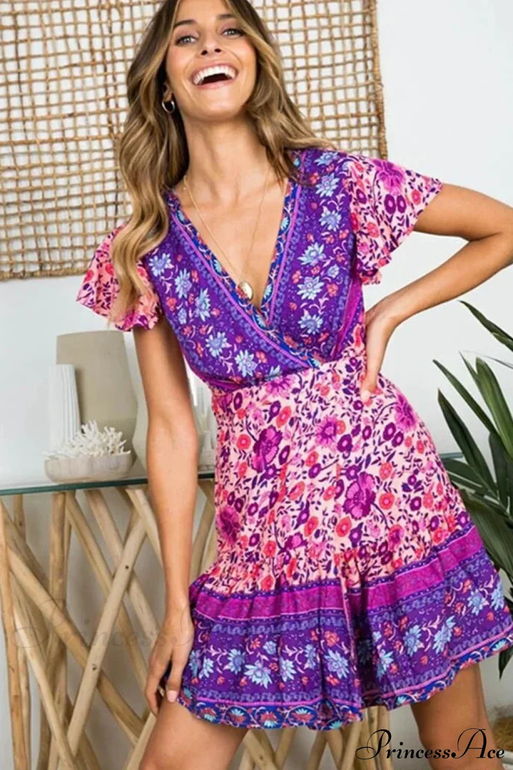 Red Floral Print Short Sleeve Rayon Summer Wrap Mini Boho Dress Pink / S bohodress-250126