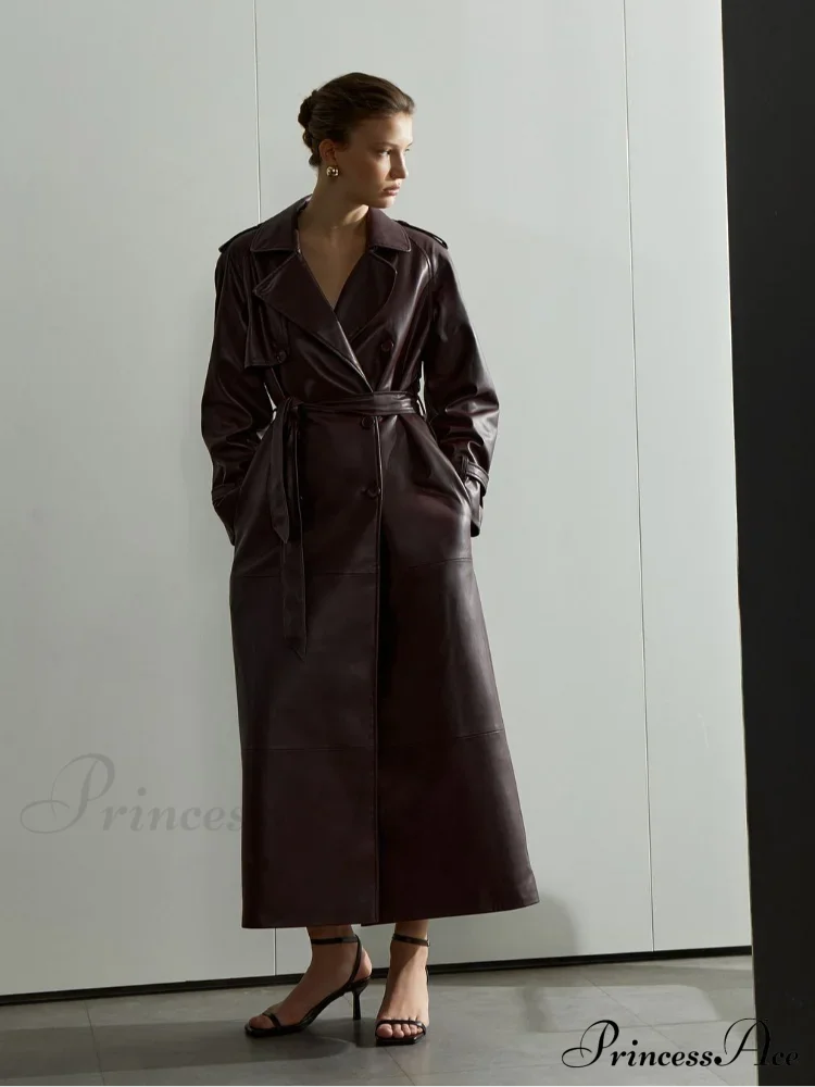 Red Lapel Leather Belted Coat - Fashionpara