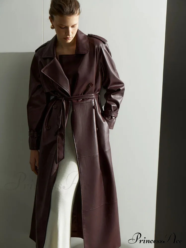 Red Lapel Leather Belted Coat - Fashionpara