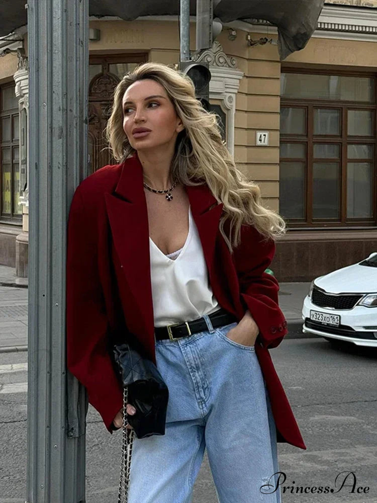 Red Lapel Single Button Blazer Coat